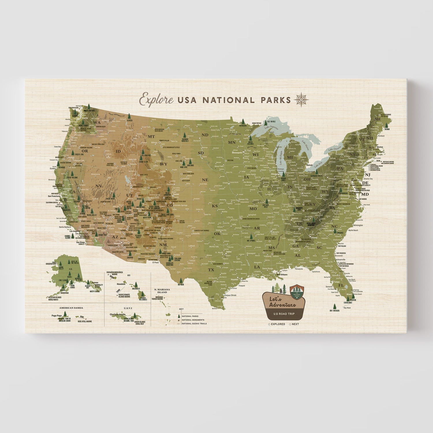 Map of USA National Parks with a vintage design on a light background