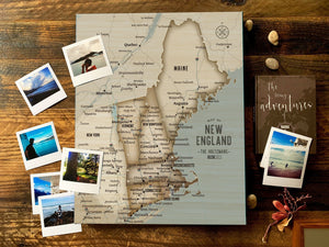New England Canvas Pin Map, Push Pin Style, Vintage Style, Personalized Map World Vibe Studio 