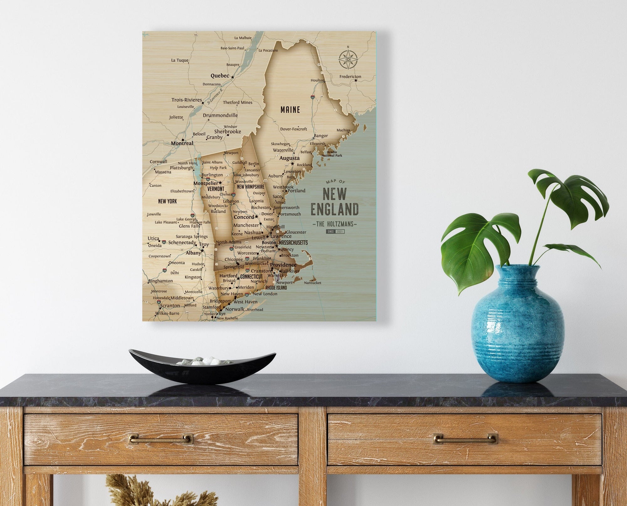 New England Canvas Pin Map, Push Pin Style, Vintage Style, Personalized Map World Vibe Studio 