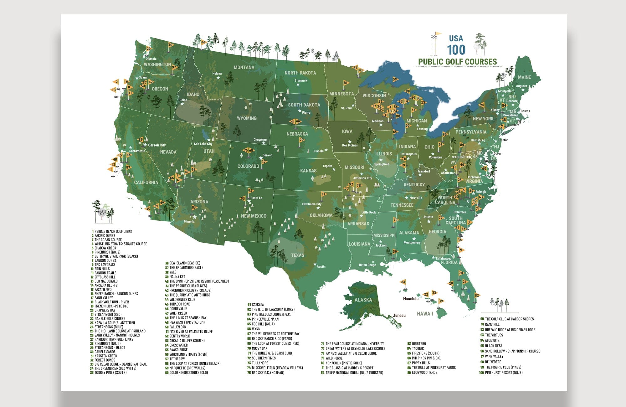 Top 100 PUBLIC Golf Map of USA, BLACK FRAMED CANVAS, Push Pin Board Map OrderDesk 