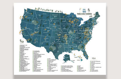 Top 100 PUBLIC Golf Map of USA, BLACK FRAMED CANVAS, Push Pin Board Map OrderDesk 