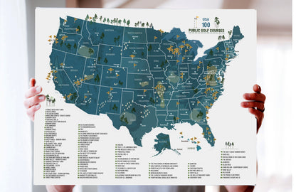 PUBLIC Golf Course, 100 PUBLIC Courses in the USA, Push Pin CANVAS Map OrderDesk 18X24 Canvas Navy 