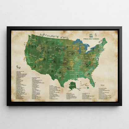 Personalized Top 100 Public Golf Course Map USA | Push Pin Canvas