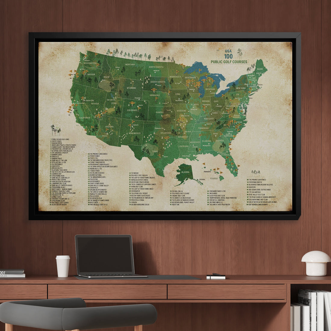 Public golf courses in the USA wit push pins, pritd on framd canvas wall art
Top 100 Public Golf Courses USA