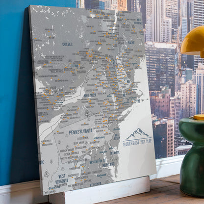 Northeast Ski Map of USA, PERSONALIZED CANVAS, Push Pin Wall Art