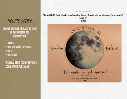 7 Year Anniversary Gift for Him — Personalized Copper Moon Phase Print on Metal