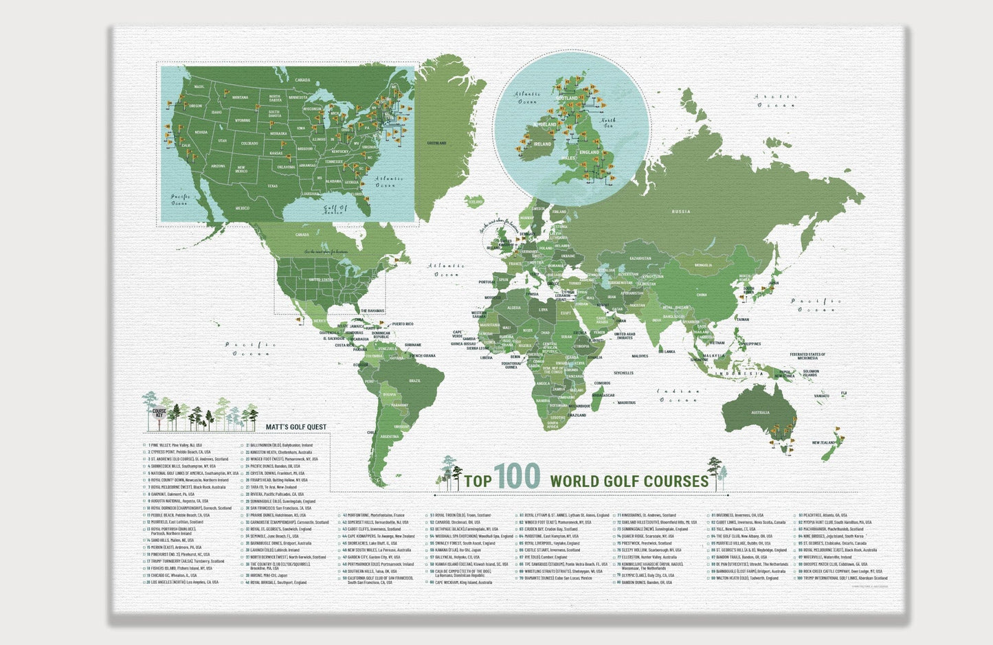 Greatest 100 Golf Courses in the WORLD, Push Pin Board, CANVAS, Top 100 Courses in The World Map World Vibe Studio 18X24 