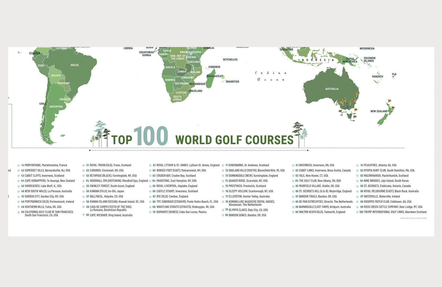 Greatest 100 Golf Courses in the WORLD, Push Pin Board, CANVAS, Top 100 Courses in The World Map World Vibe Studio 