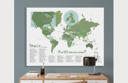 Greatest 100 Golf Courses in the WORLD, Push Pin Board, CANVAS, Top 100 Courses in The World Map World Vibe Studio 