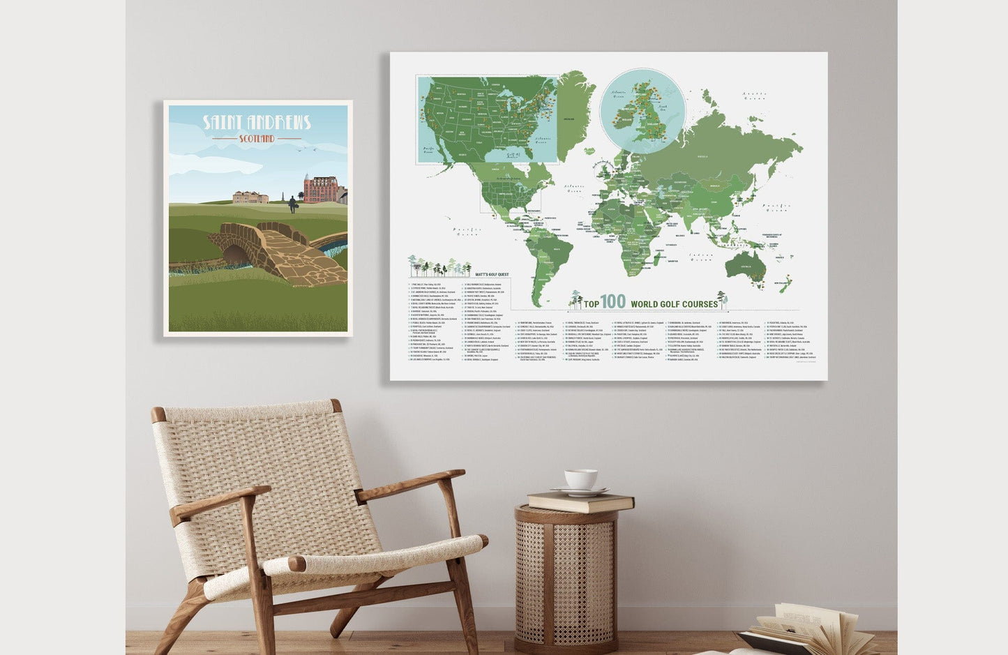 Greatest 100 Golf Courses in the WORLD, Push Pin Board, CANVAS, Top 100 Courses in The World Map World Vibe Studio 