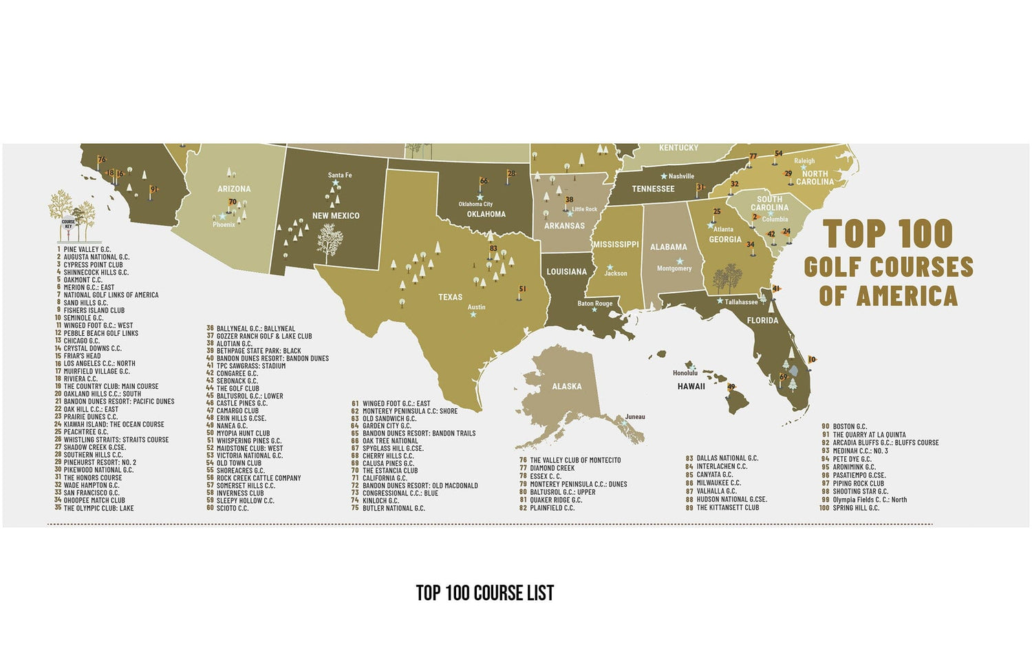 TOP 100 Golf Courses, Public and Private Golf Club CANVAS, Push Pin Map, Combined Maps, NEW! Map World Vibe Studio 