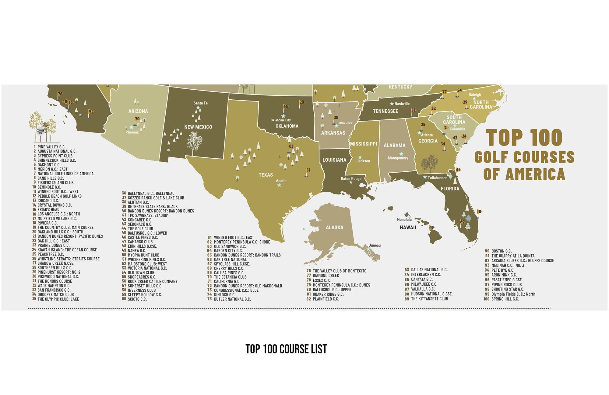 TOP 100 Golf Courses, Public and Private Golf Club CANVAS, Push Pin Map, Combined Maps, NEW! Map World Vibe Studio 