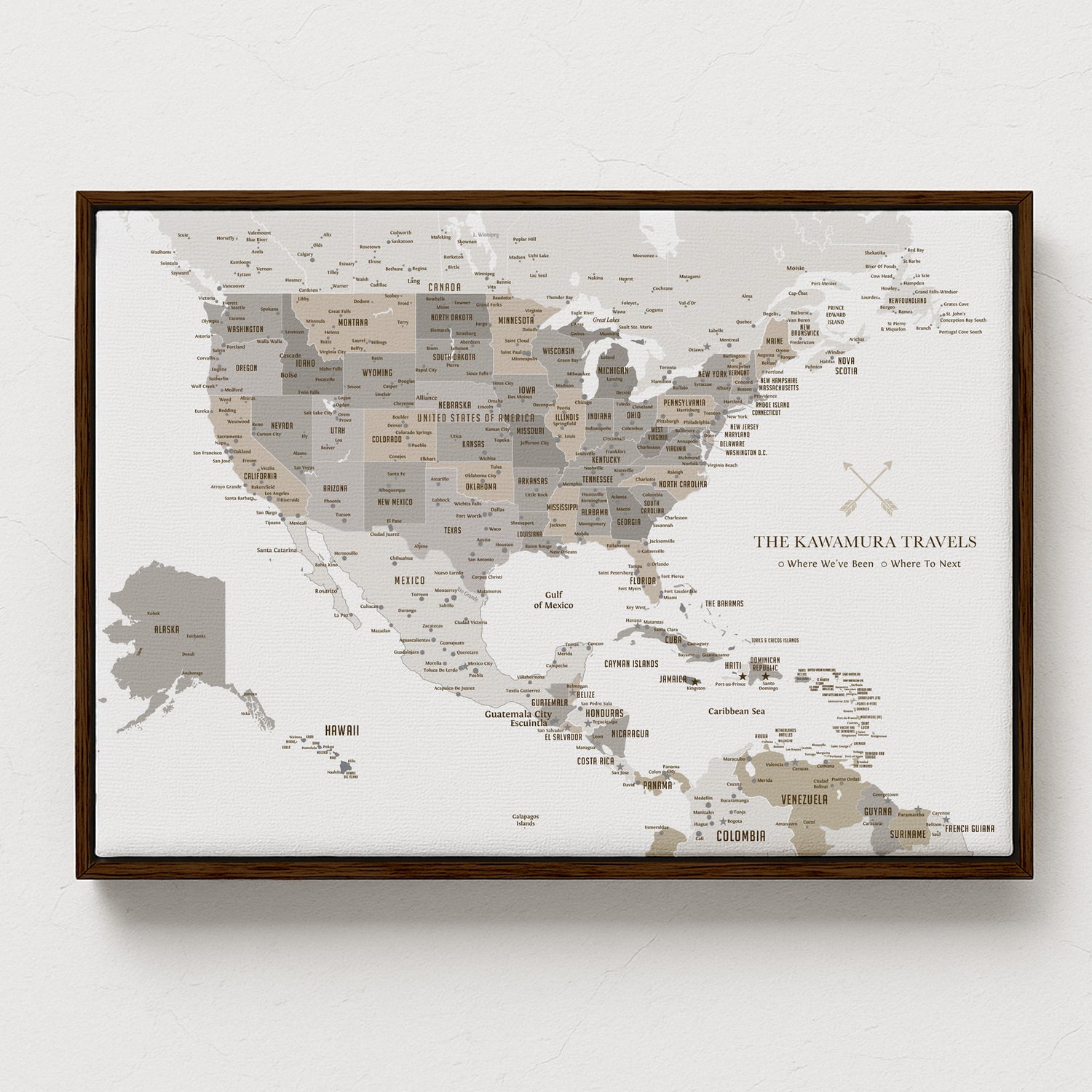 North America Map with Caribbean Islands, Push Pin Map, Framed Map World Vibe Studio 
