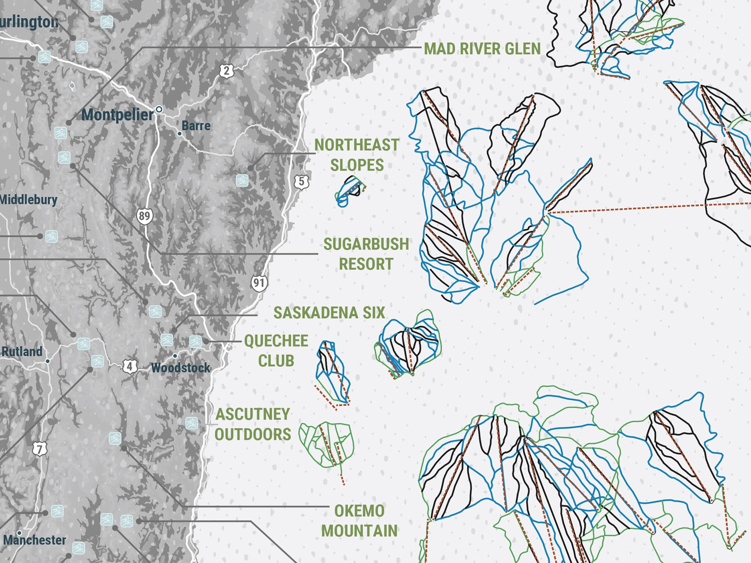 Vermont Ski Area Trails, Gift for Skier and Snowboarder, Paper and Canvas Options Map World Vibe Studio 