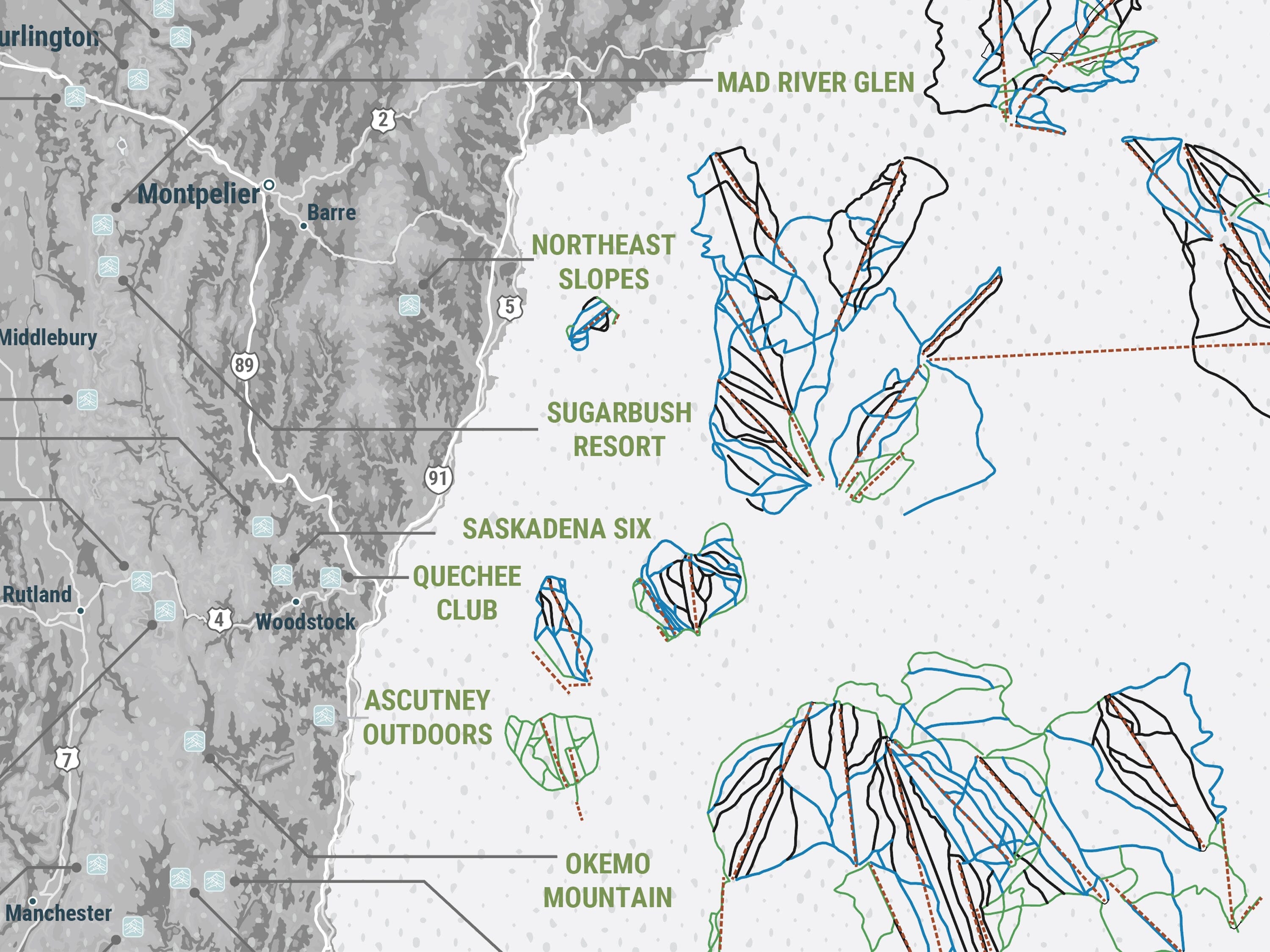 Vermont Ski Area Trails, Gift for Skier and Snowboarder, Paper and Canvas Options Map World Vibe Studio 