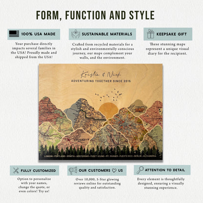 Personalized map art piece with mountains and text, featuring sustainability and customization information.