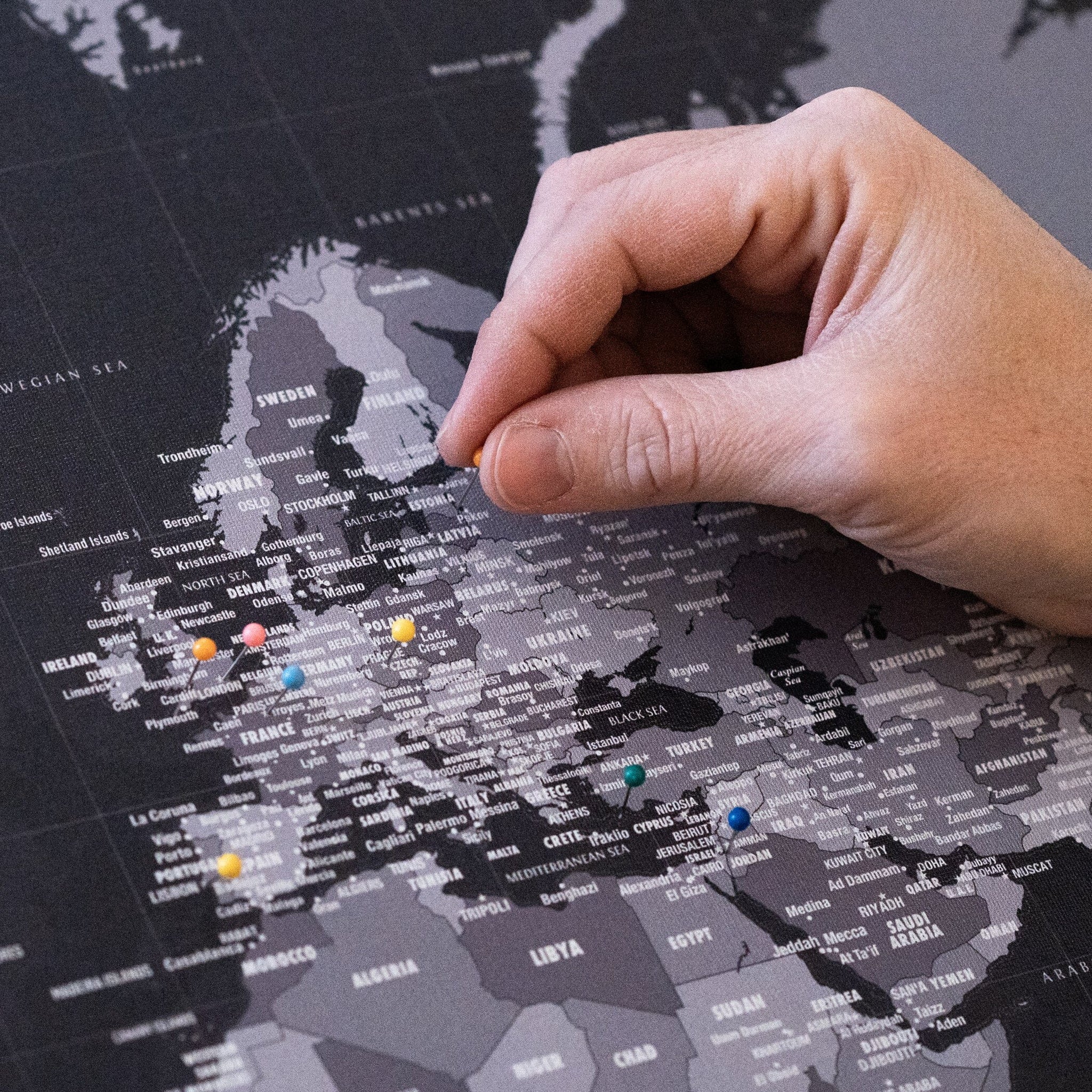 World Map, Push Pin Canvas Travel Map, Graphite Gray World Vibe Studio