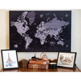 Push Pin Map, Modern Gray World Map on CANVAS, Graphite Gray Map World Vibe Studio 