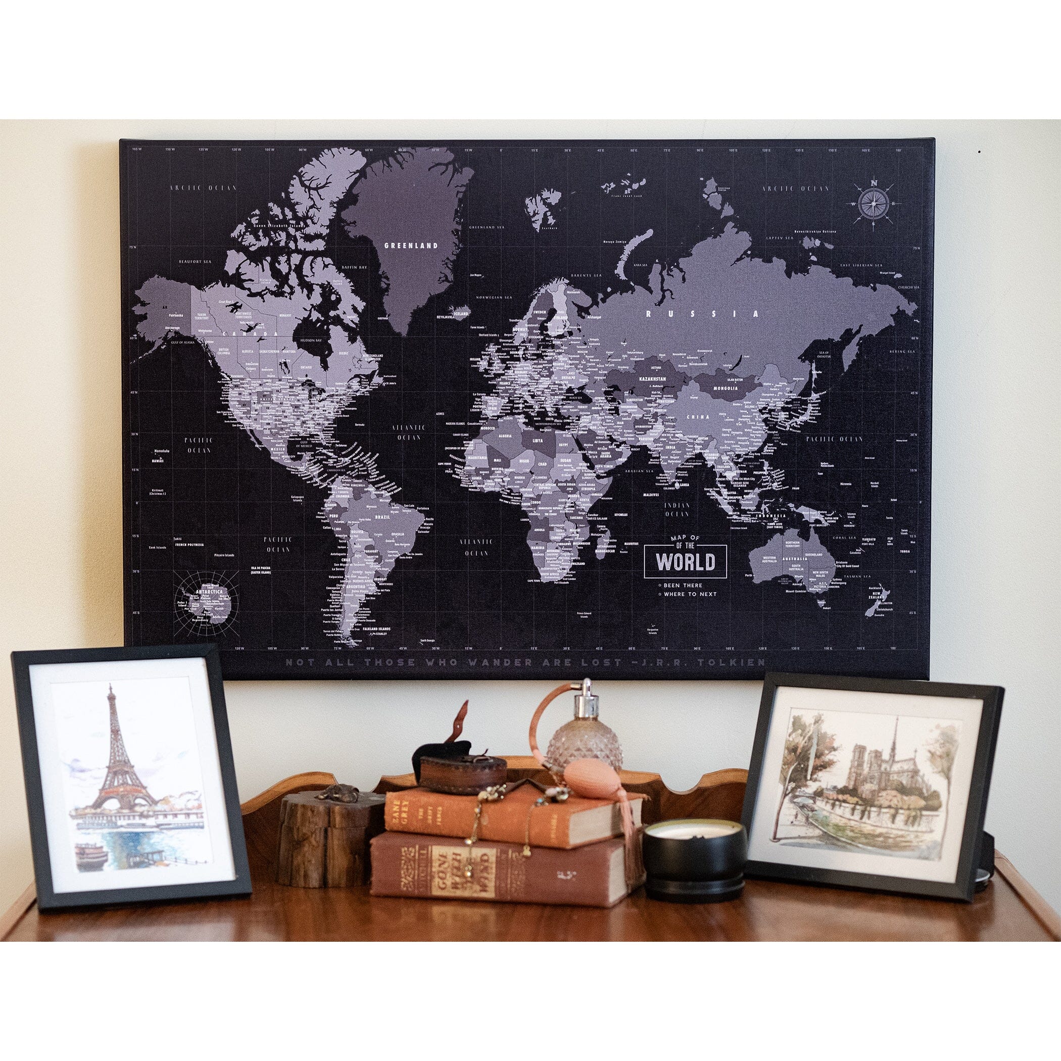 Push Pin Map, Modern Gray World Map on CANVAS, Graphite Gray Map World Vibe Studio 
