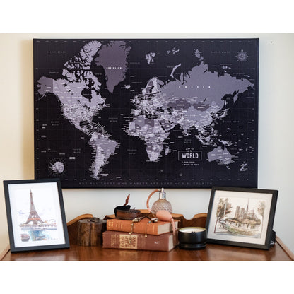 Push Pin Map, Modern Gray World Map on CANVAS, Graphite Gray Map World Vibe Studio 