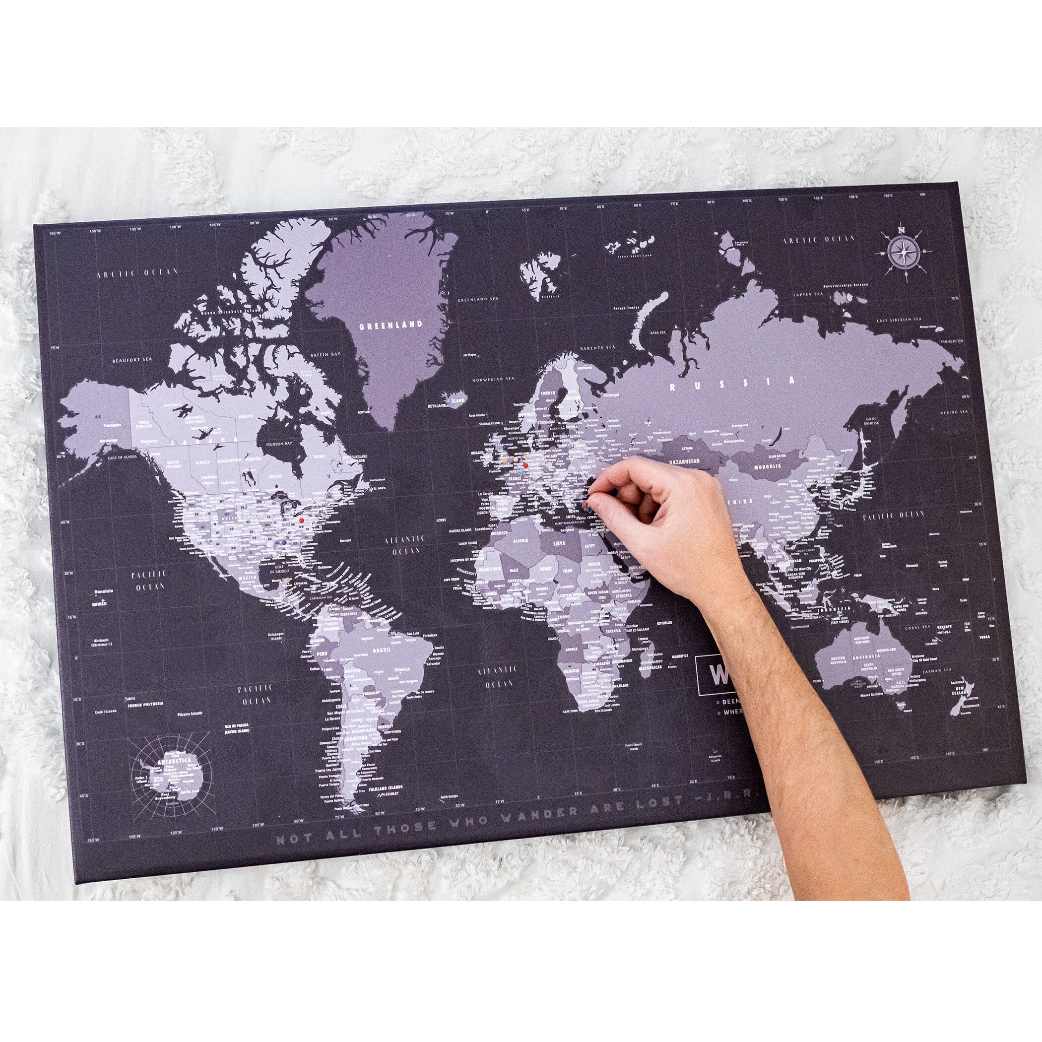 Push Pin Map, Modern Gray World Map on CANVAS, Graphite Gray Map World Vibe Studio 