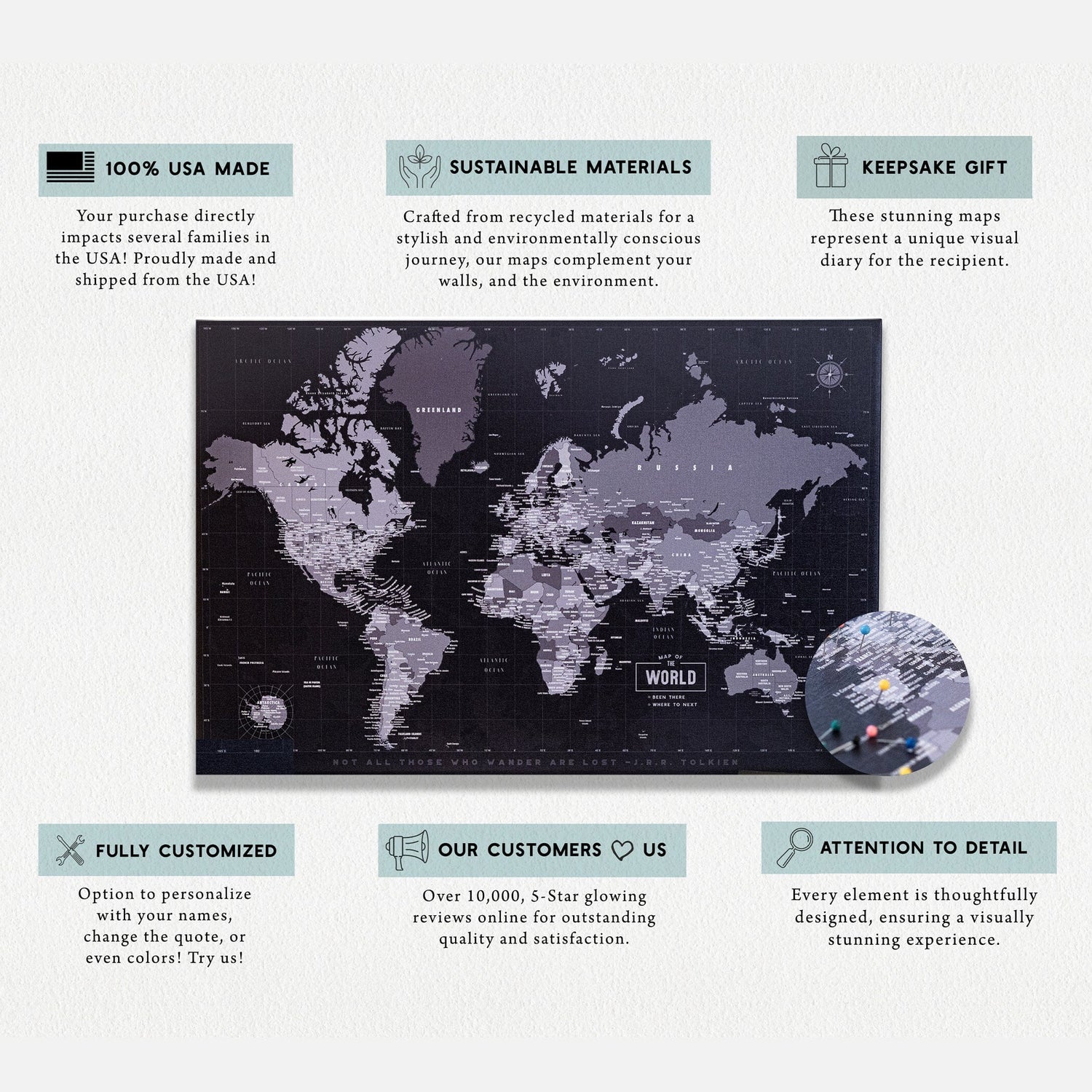 Push Pin Map, Modern Gray World Map on CANVAS, Graphite Gray Map World Vibe Studio 