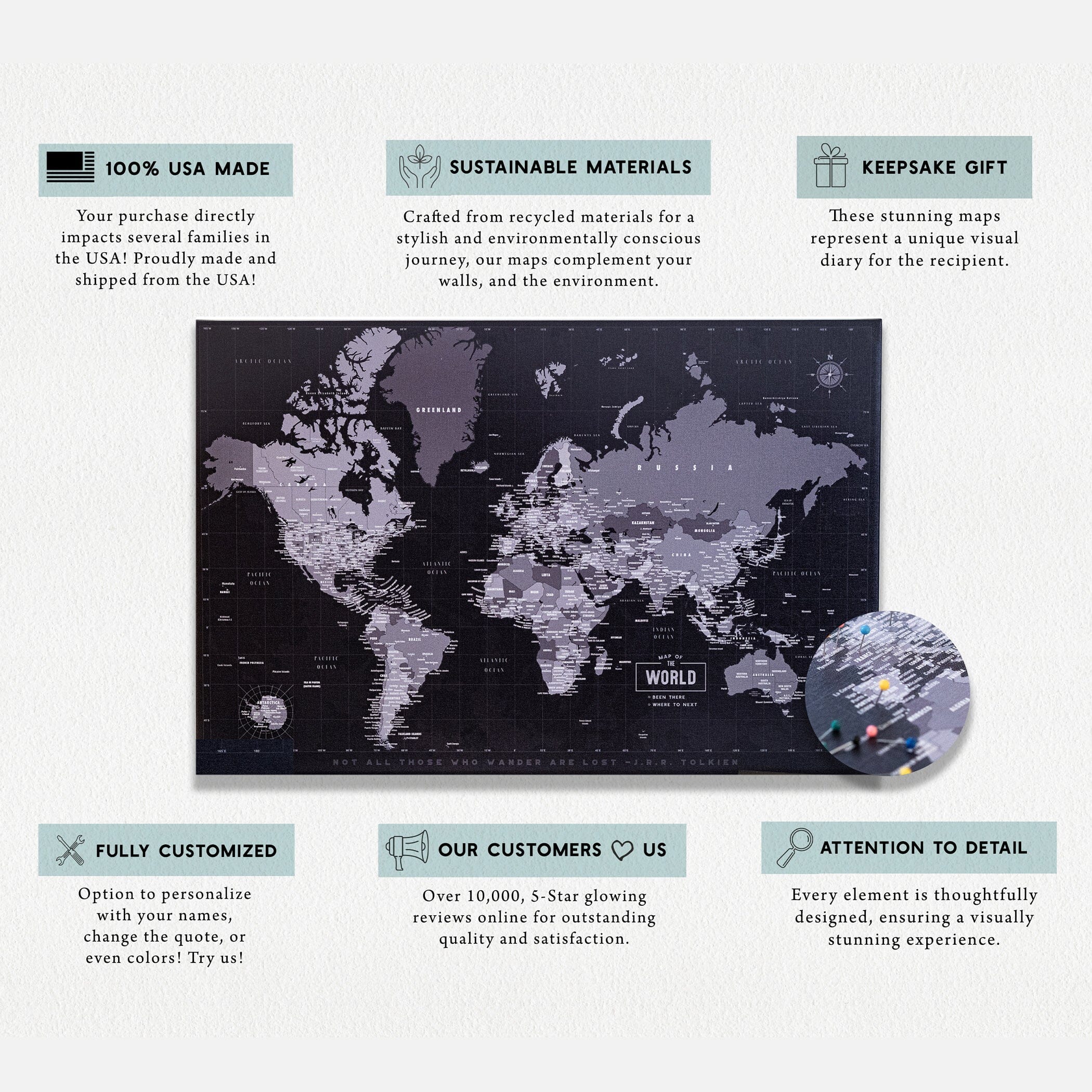 Push Pin Map, Modern Gray World Map on CANVAS, Graphite Gray Map World Vibe Studio 