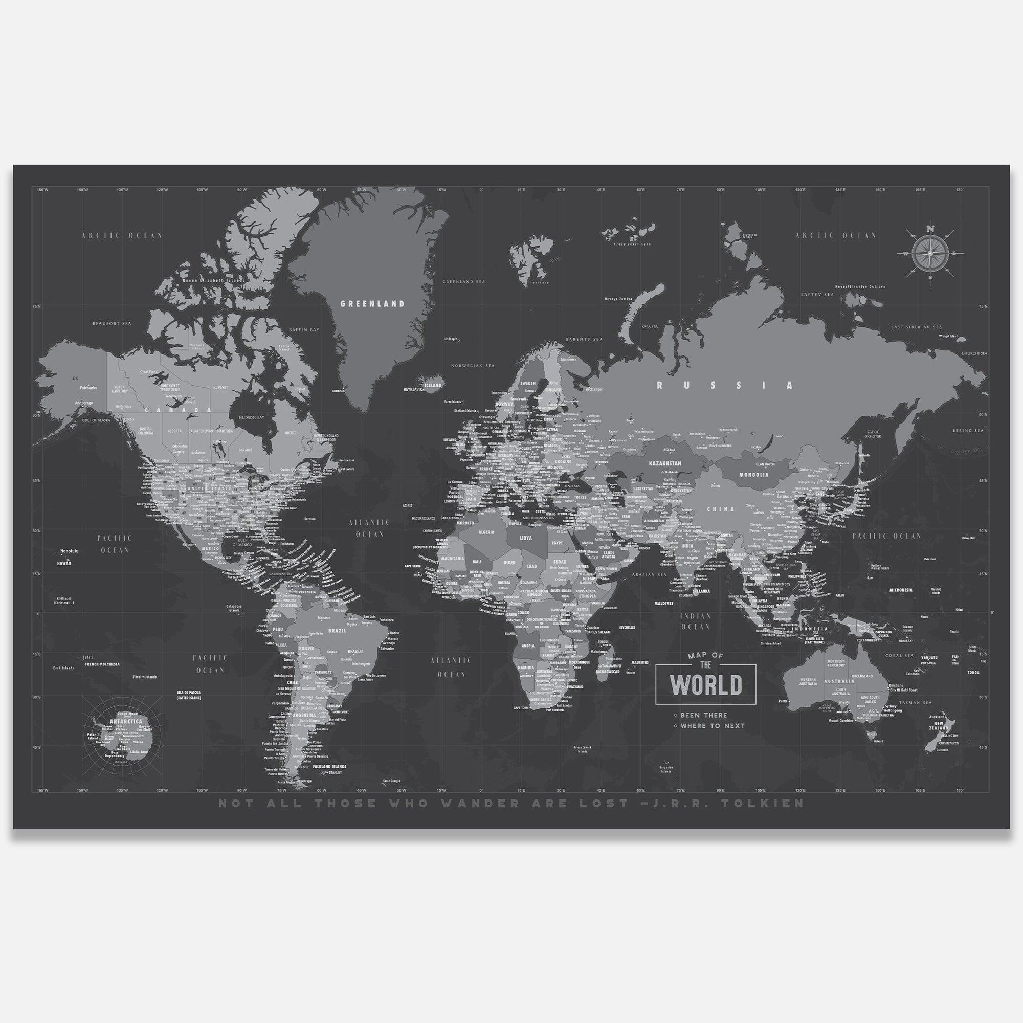 Push Pin Map, Modern Gray World Map on CANVAS, Graphite Gray Map World Vibe Studio 