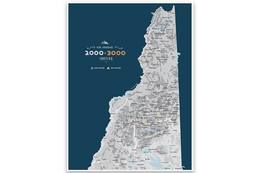 Poster of NH 2000 and 3000 Footers, White Mountains Map World Vibe Studio 12X16 Navy 