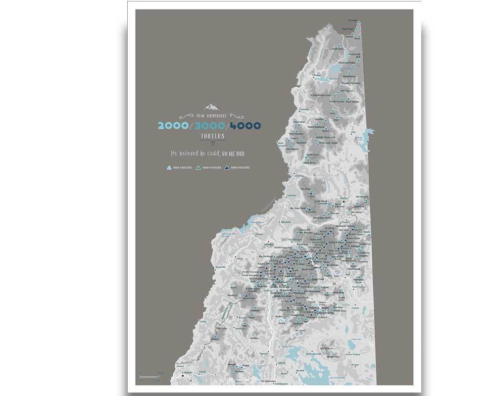 New Hampshire 4000 Footers, Includes 3000 and 2000 Footers, Poster, Many sizes Map World Vibe Studio 18X24 