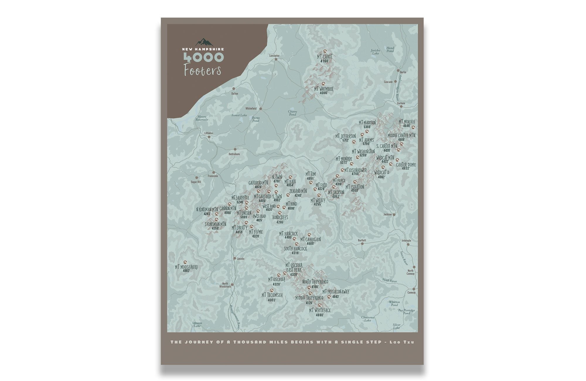 New Hampshire Map, 4000 Footer 48 peaks, Canvas Roll Map World Vibe Studio 18X24 ski-brown 