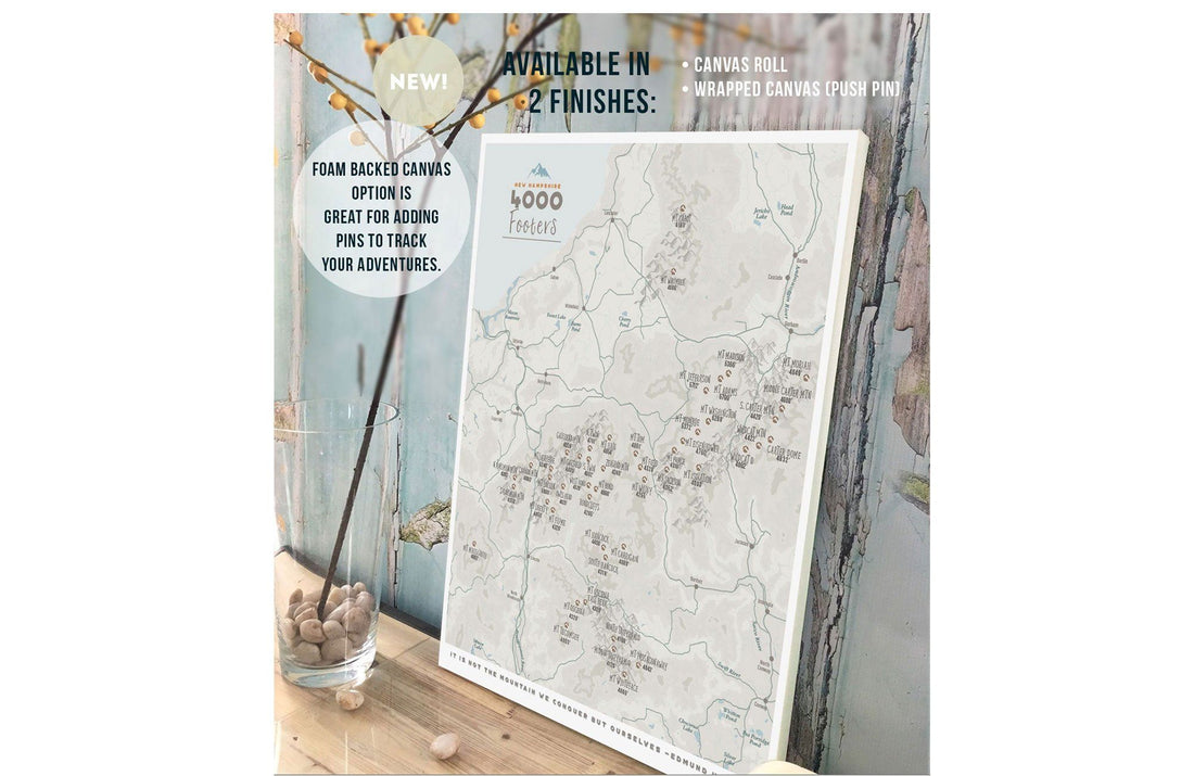 New Hampshire Map, 4000 footer 48 peaks, Canvas, Push Pin Map Map World Vibe Studio 12X16 ski-blue 