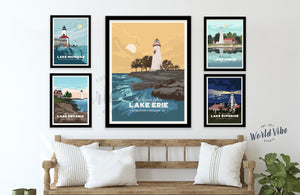 Great Lakes Posters, Unframed, 5 Great Lakes of USA Map World Vibe Studio 8X10 All 5 Posters 