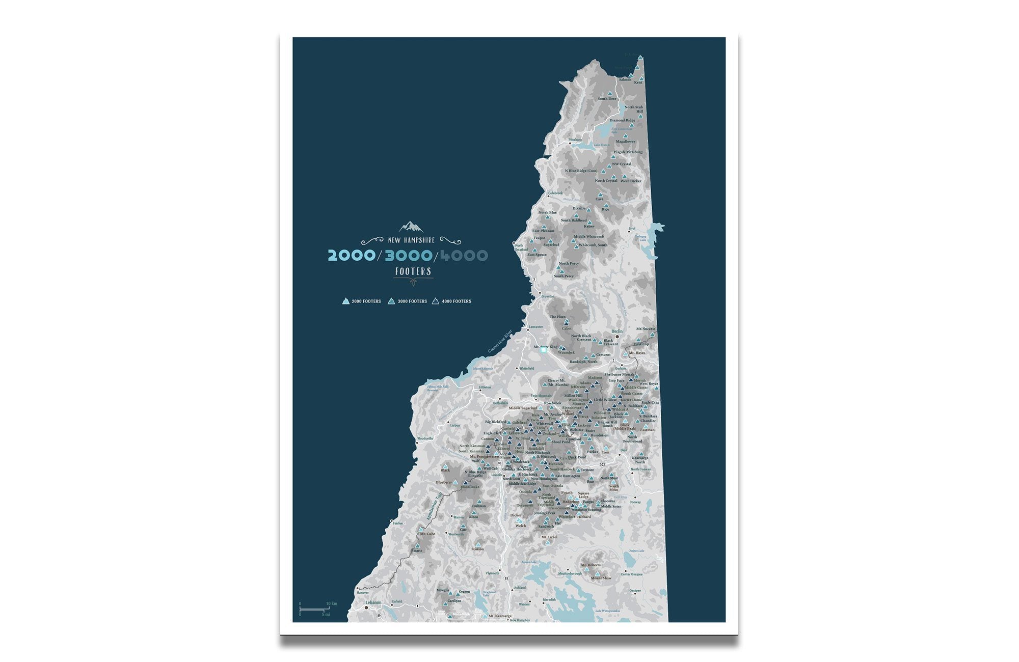 New Hampshire 2000, 3000 & 4000 Footer Canvas, White Mountains Map World Vibe Studio 12X16 navy-gray 