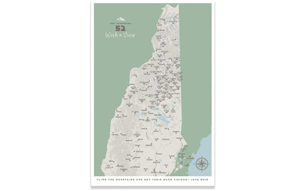 New Hampshire Wall Art, 52 With a View, NH 52 Poster, PRINT ONLY, Unframed Map World Vibe Studio 18X24 Muted Green 