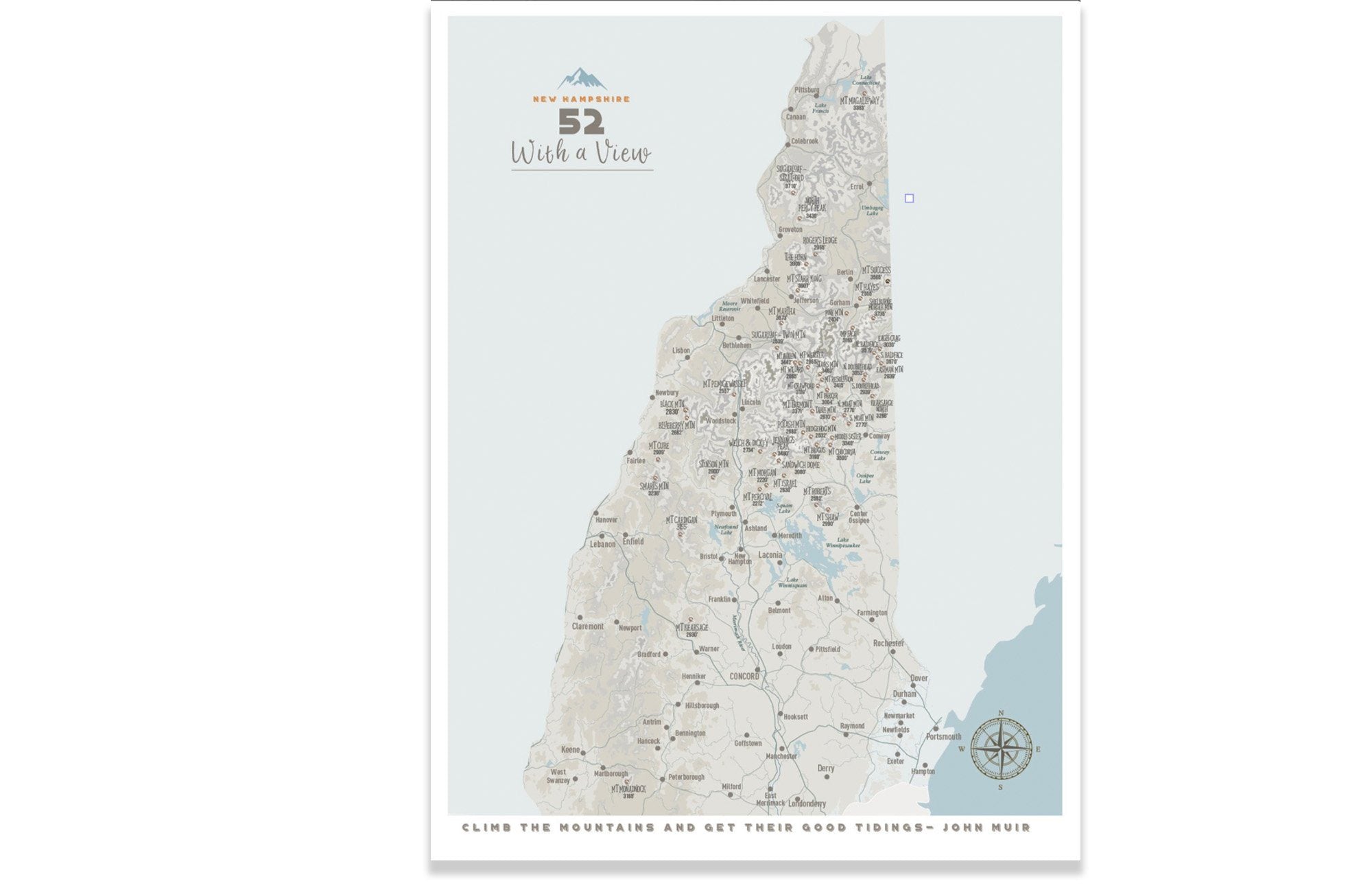 New Hampshire Wall Art, 52 With a View, NH 52 Poster, PRINT ONLY, Unframed Map World Vibe Studio 18X24 Muted Grays 