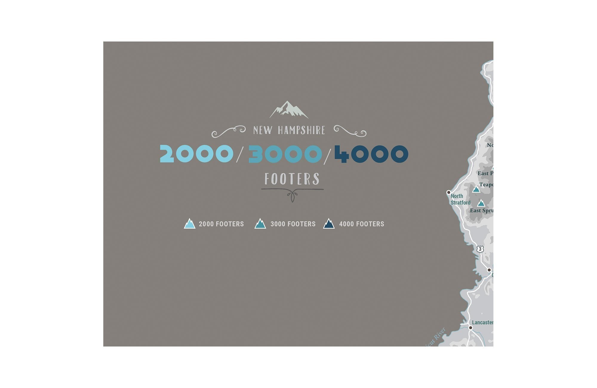 New Hampshire 2000, 3000 & 4000 Footer Canvas, White Mountains Map World Vibe Studio 