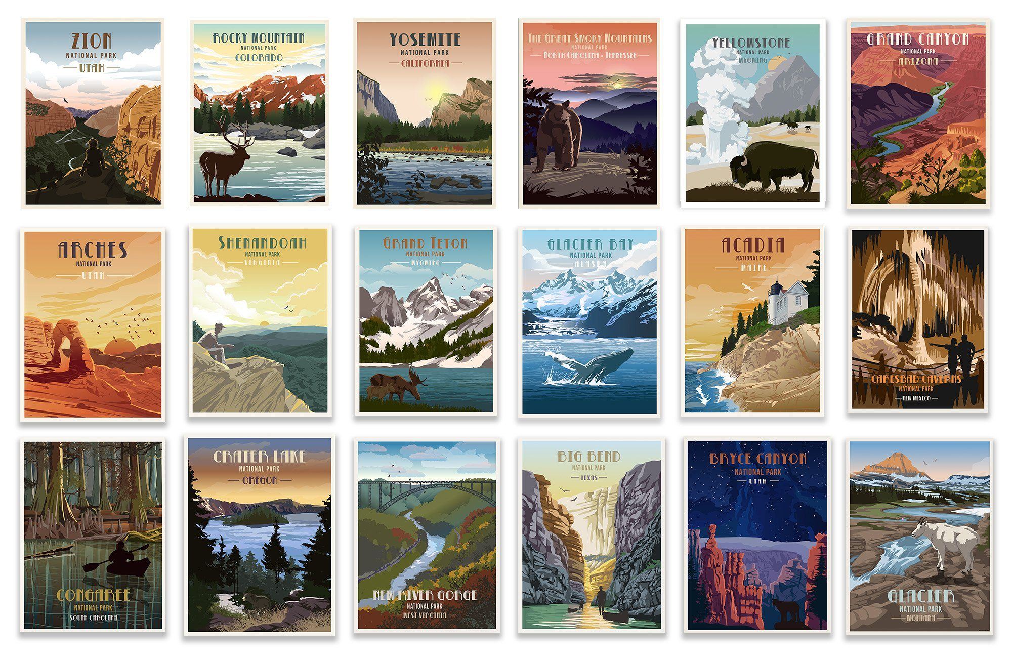 National Parks POSTCARD SIZE, 63 US National Parks, Unframed World Vibe Studio 4X6 Set of 3 