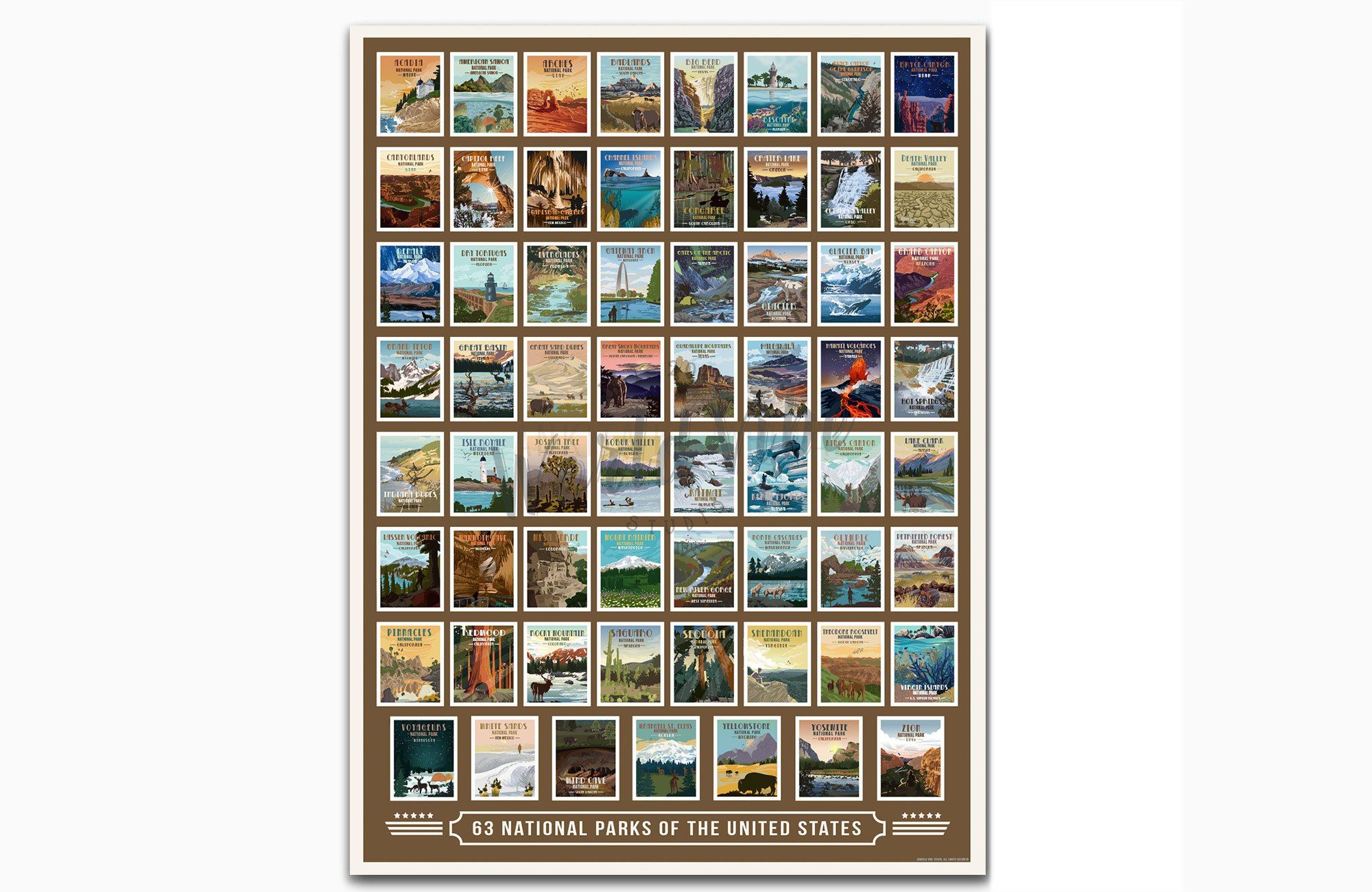 National Park Poster, All-In-One, National Park Wall Decor, National Park Wall Art, Unframed Map World Vibe Studio 12X16 Brown 
