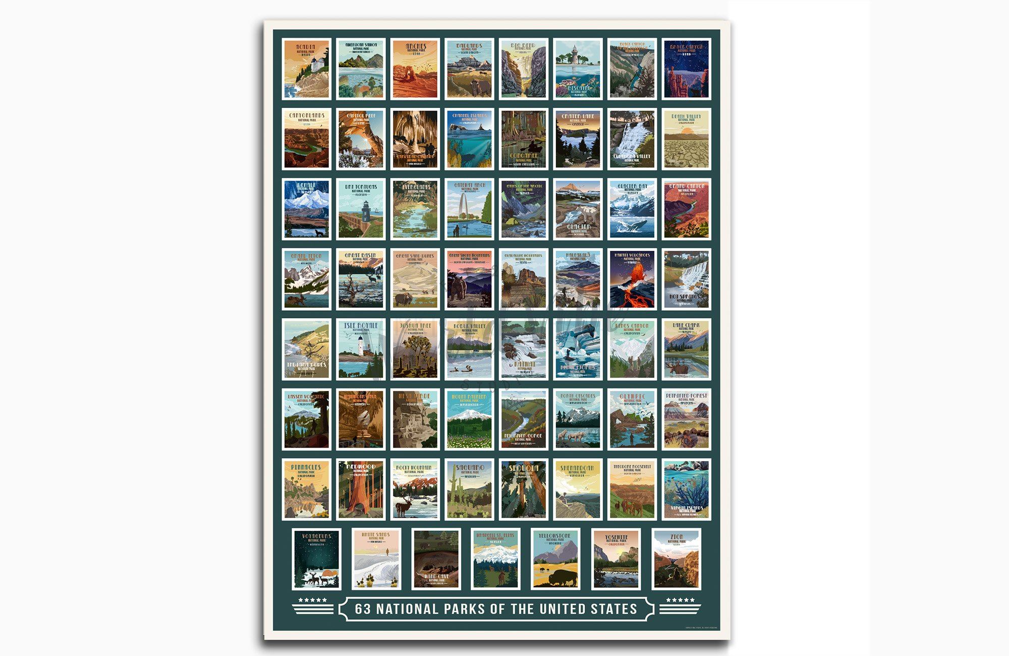 National Park Poster, All-In-One, National Park Wall Decor, National Park Wall Art, Unframed Map World Vibe Studio 12X16 Teal 