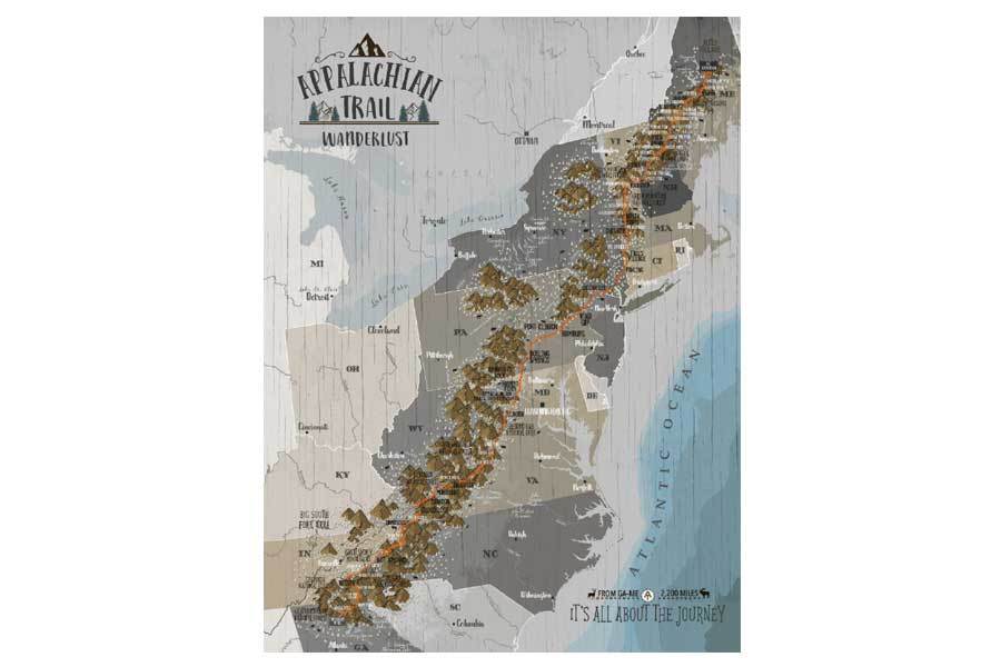 Appalachian Trail Map on Canvas, Push Pin Board, Track Your Adventures Map World Vibe Studio 12X16 Tan 