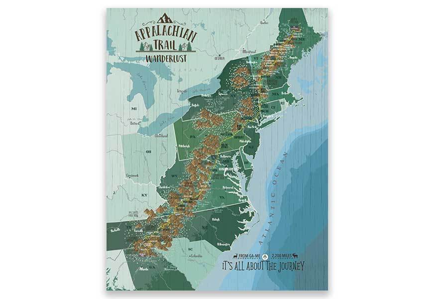 Appalachian Trail Map on Canvas, Push Pin Board, Track Your Adventures Map World Vibe Studio 12X16 Green 