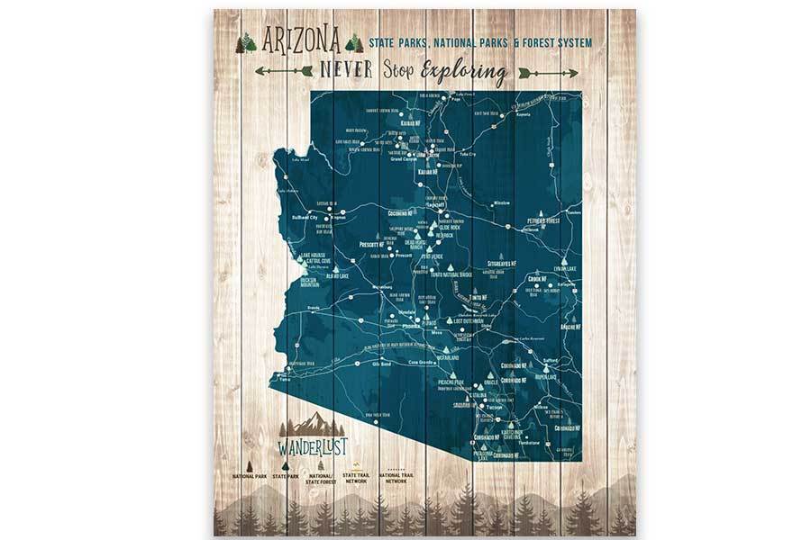 Arizona Map, State park Map, Hiking Gifts Map World Vibe Studio 12X16 Navy-Blue 