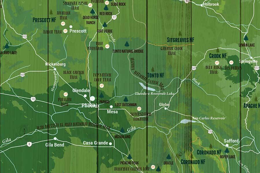 Arizona Map, State park Map, Hiking Gifts Map World Vibe Studio 