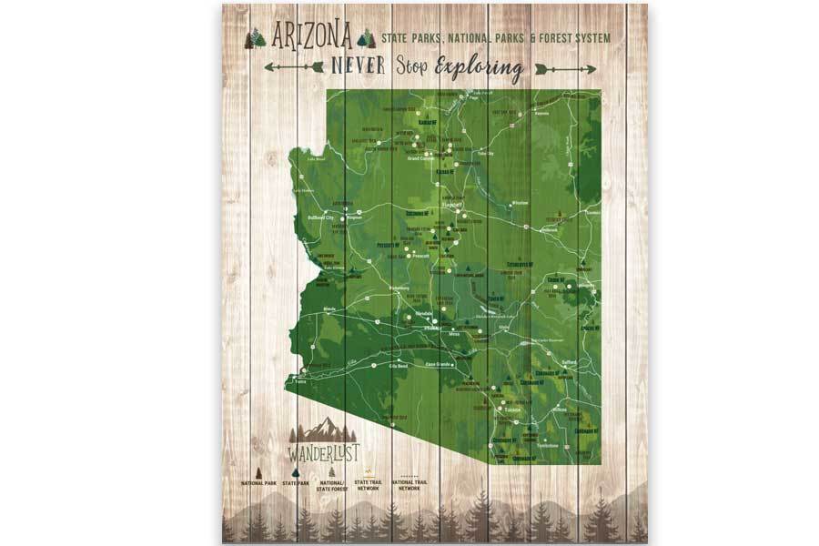 Arizona Map, State park Map, Hiking Gifts Map World Vibe Studio 