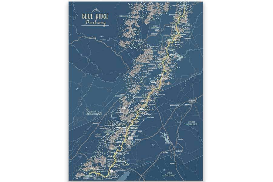 Blue Ridge Parkway Map Poster Map World Vibe Studio 12X16 deep-blue-br 