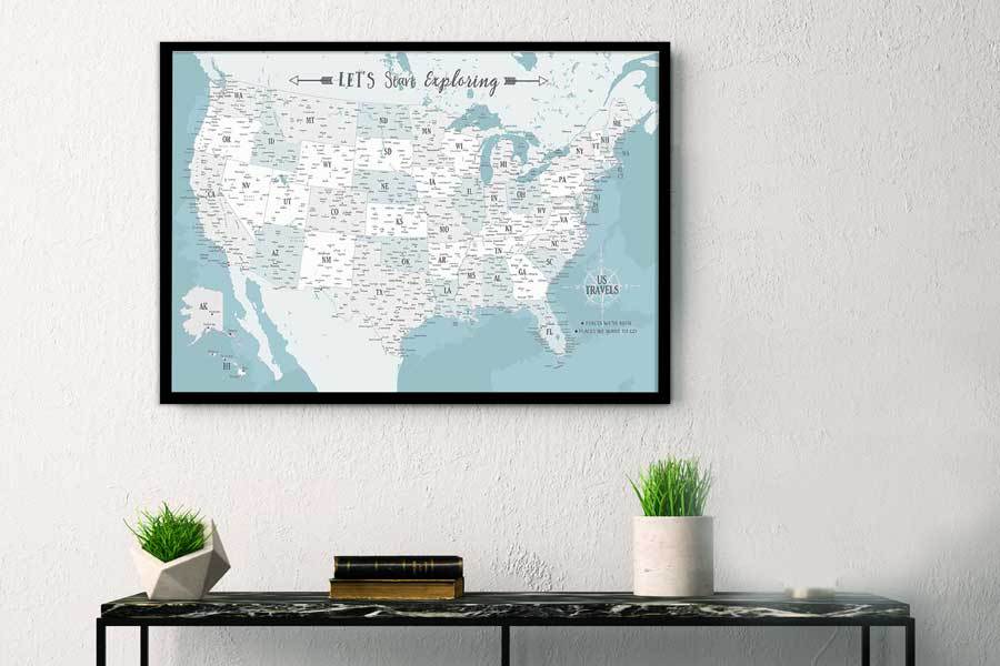 Personalized US map, Modern Blue and White, Unframed Map World Vibe Studio 