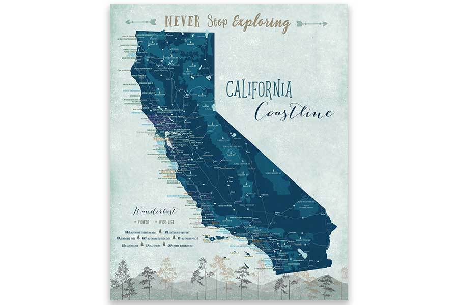 California Coast Line Map, Wall Art Map 