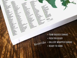 Greatest 100 PUBLIC Golf Course, Push Pin Option, PAPER OR CANVAS, PUBLIC, UNFRAMED Map World Vibe Studio 
