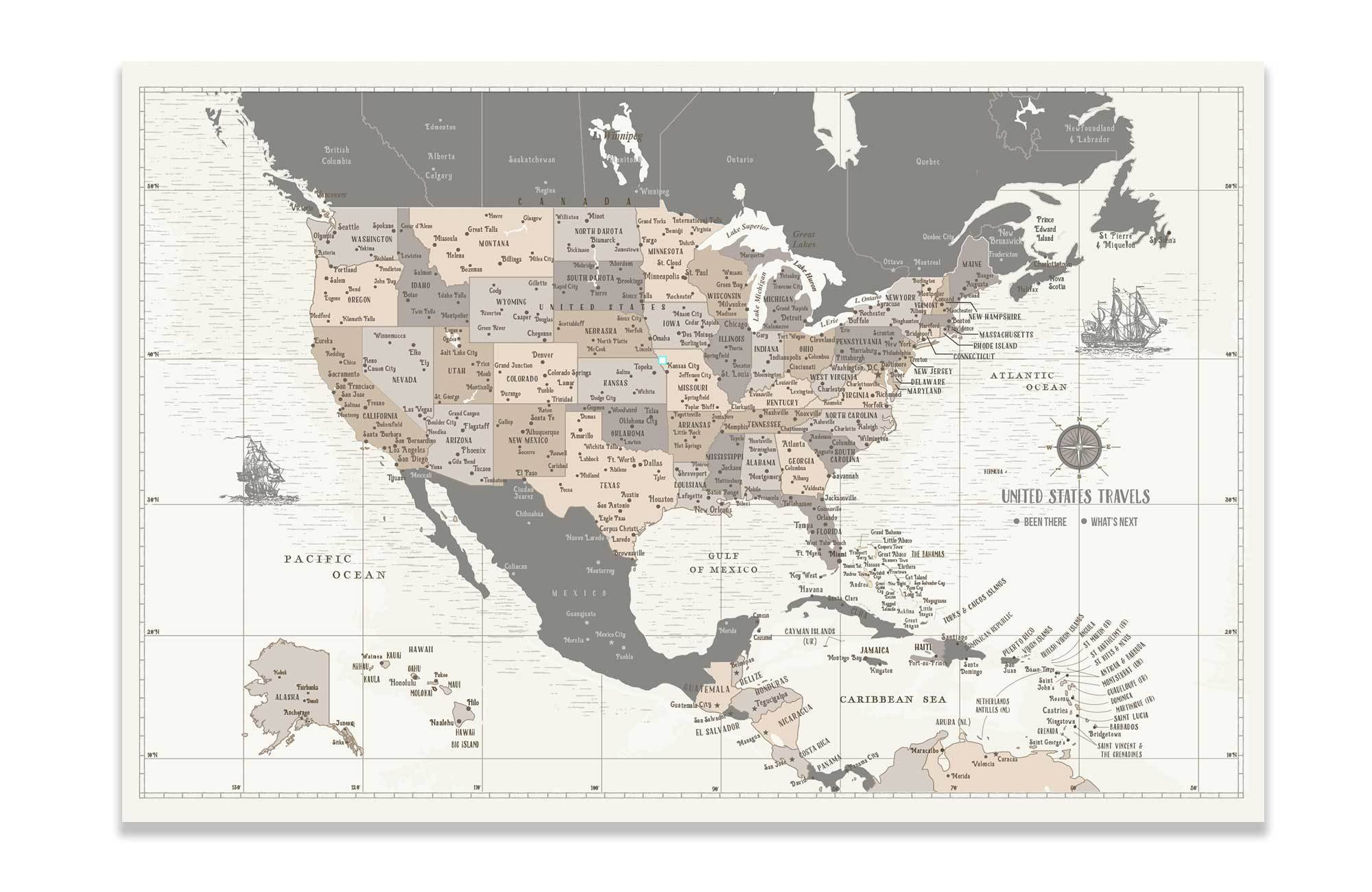 USA Map Canvas, Pins included, Caribbean islands - World Vibe Studio